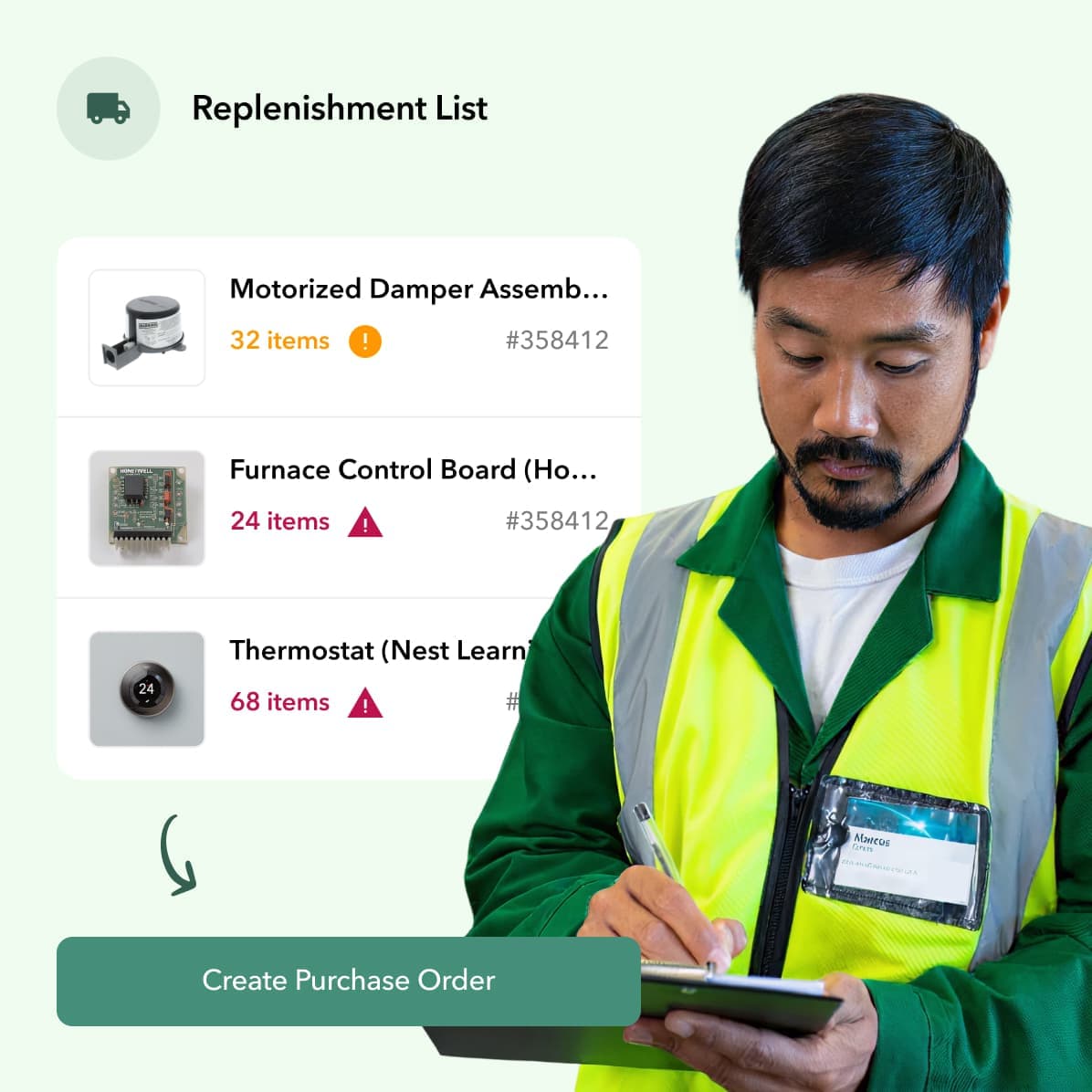 Field tech using Ply to create a purchase order from a replenishment list