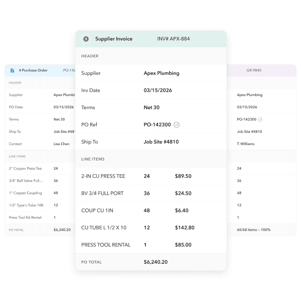 Three-Way Matching: PO, supplier invoice, and goods receipt aligned automatically