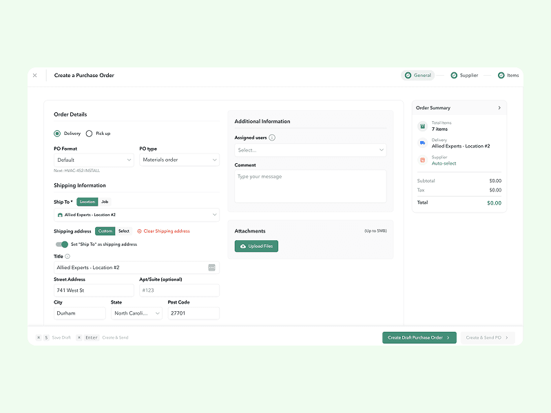 Create a Purchase Order — Ply product screenshot