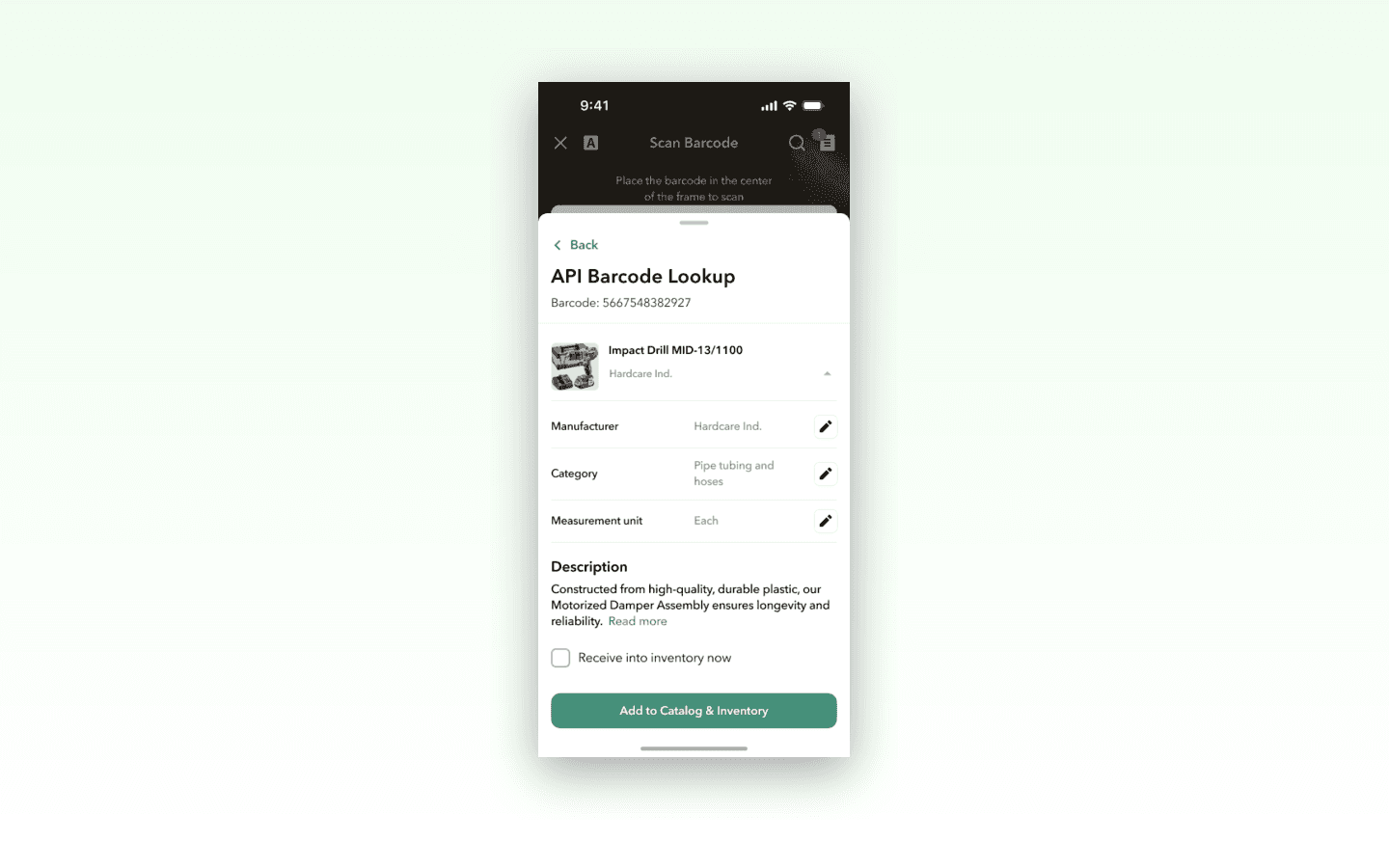Mobile barcode scan UI — material being scanned into truck