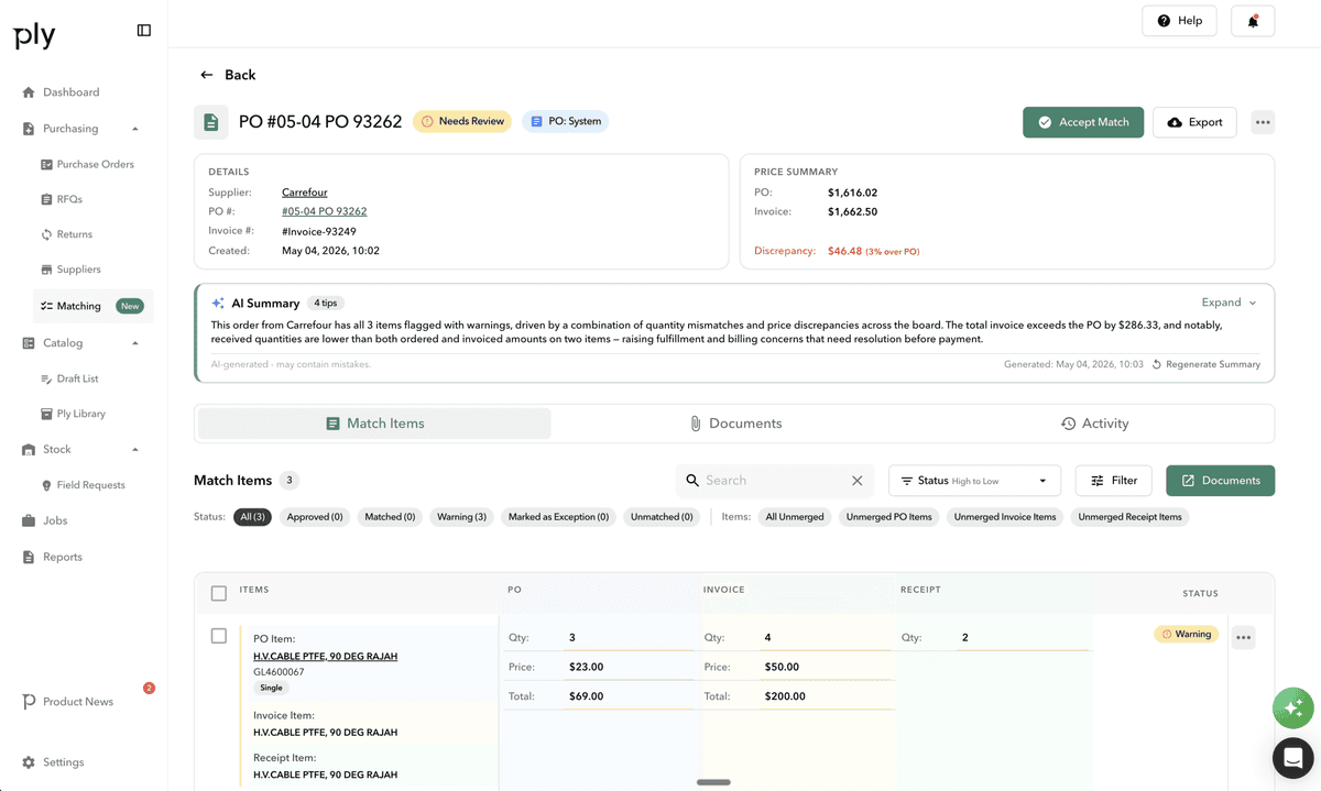 Ply three-way invoice matching screen showing purchase order, receipt, and invoice side by side