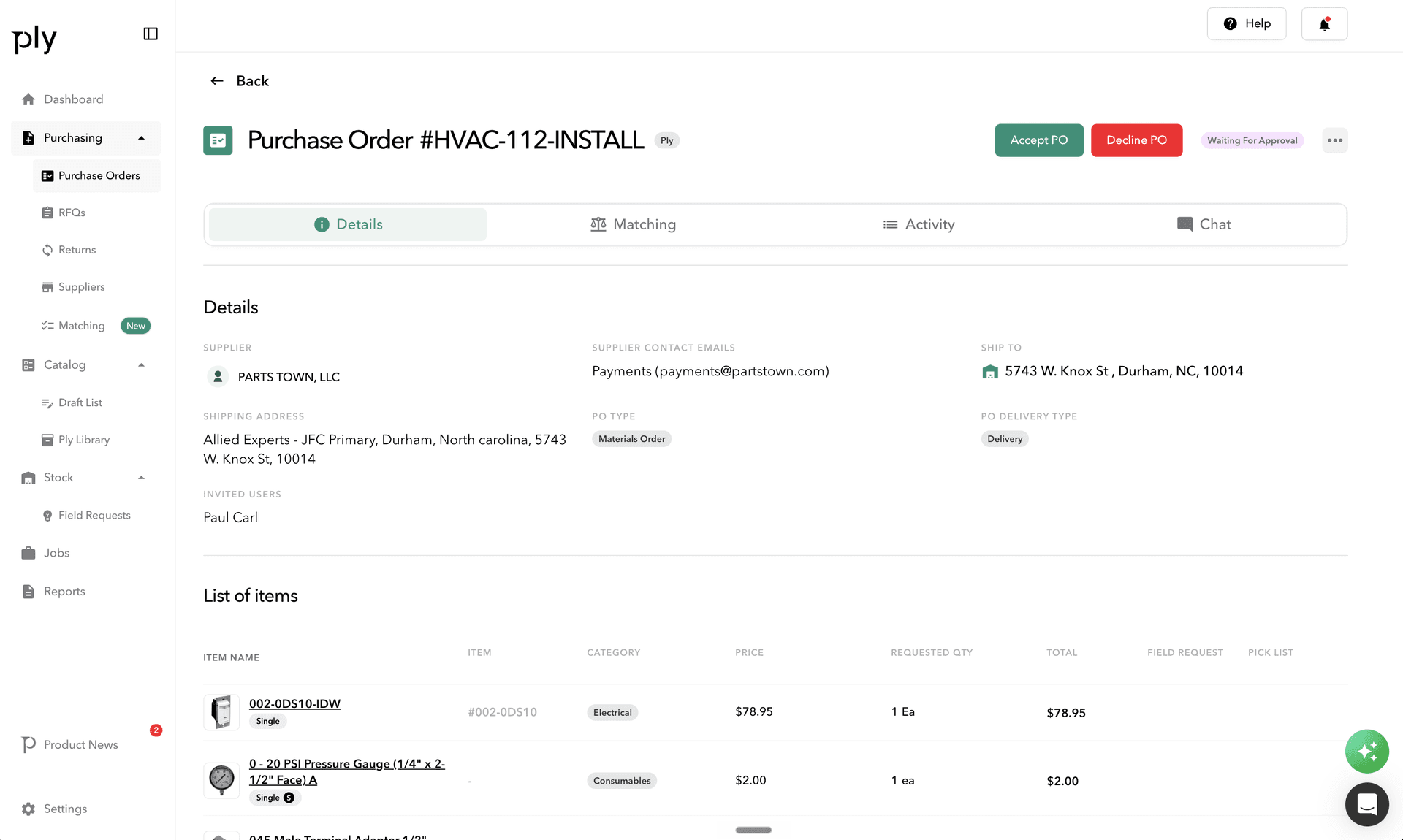PO detail view — status timeline, supplier chat thread, line items