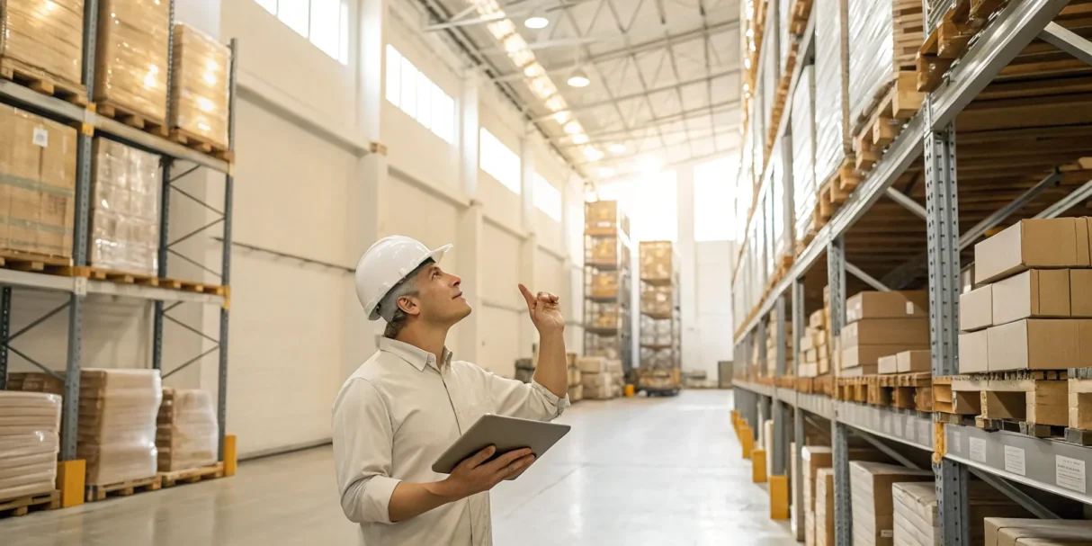Warehouse inventory management software on tablet.