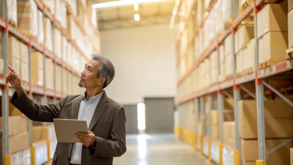 A manager with an iPad inspects his warehouse