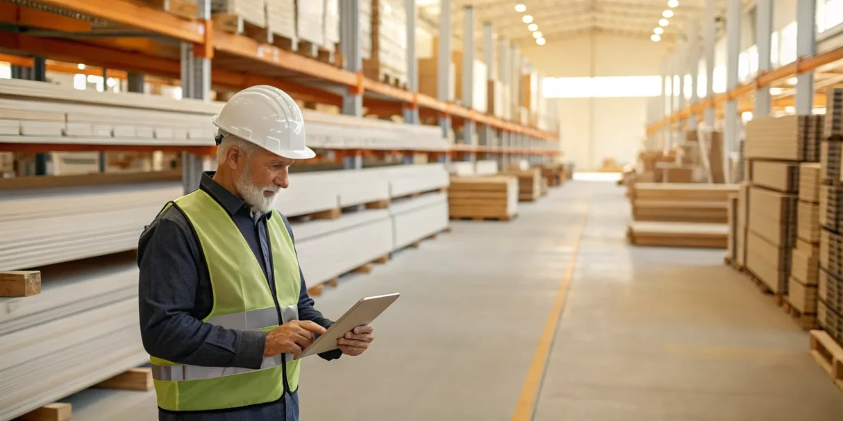 Construction worker using tablet to manage inventory.