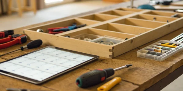 Inventory management software on a tablet with tools and hardware.