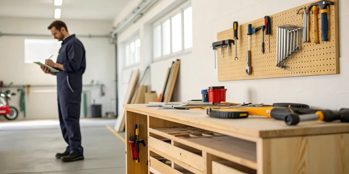 Contractor organizing tools and inventory in a workshop.
