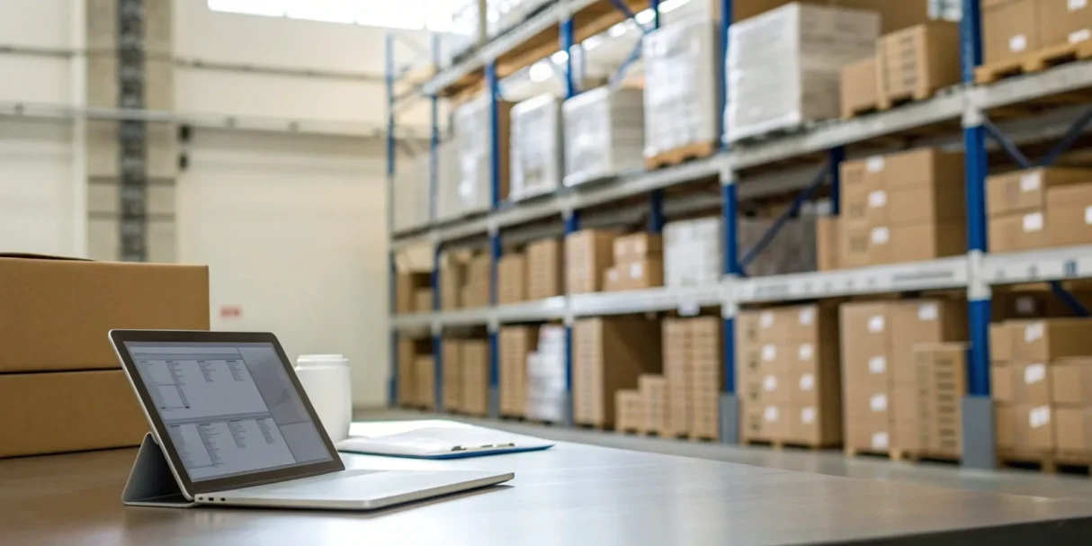Laptop with AI inventory management software on screen in a warehouse with boxes.