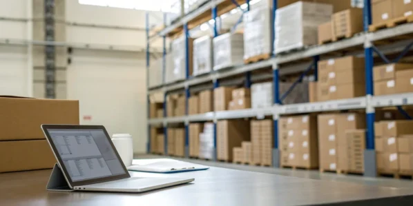 Laptop with AI inventory management software on screen in a warehouse with boxes.