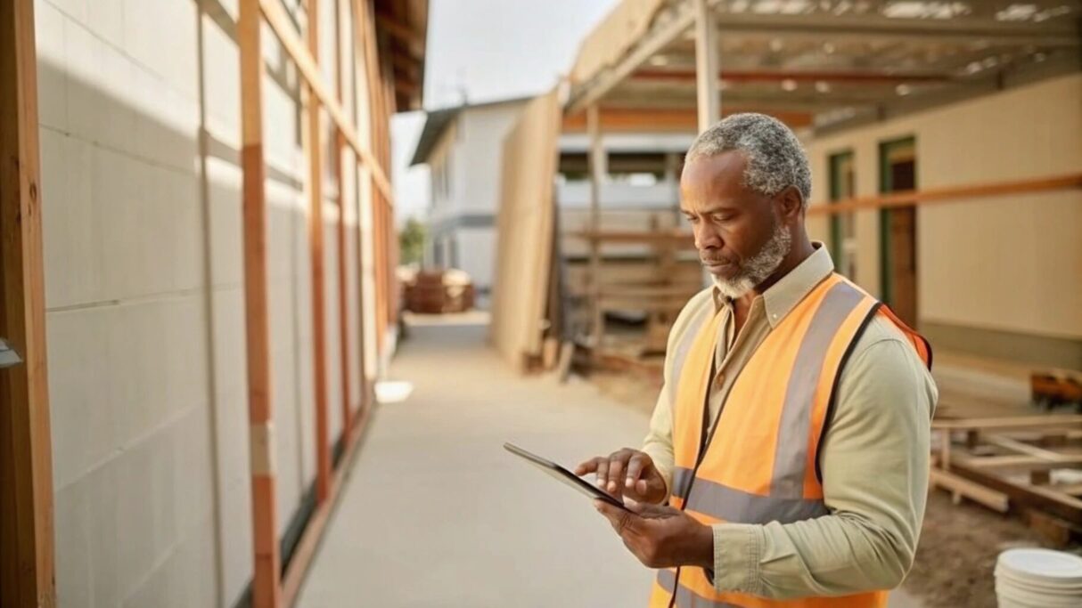 Man at a construction site looking at a tablet