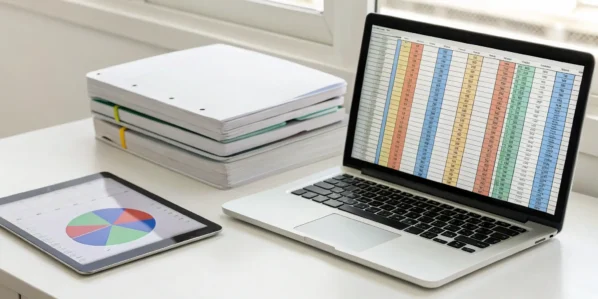 Inventory management software in Excel on a laptop screen.