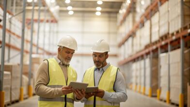 Two workers in a warehouse consulting with an iPad