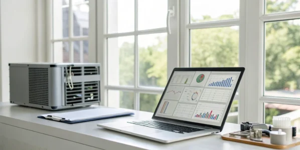 HVAC inventory management software dashboard on a laptop next to an air conditioner.