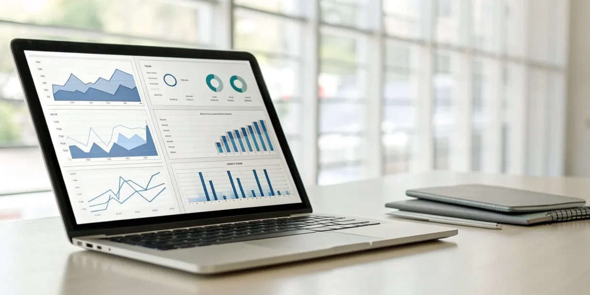 Laptop screen showing the dashboard of the best inventory management software with charts and analytics.