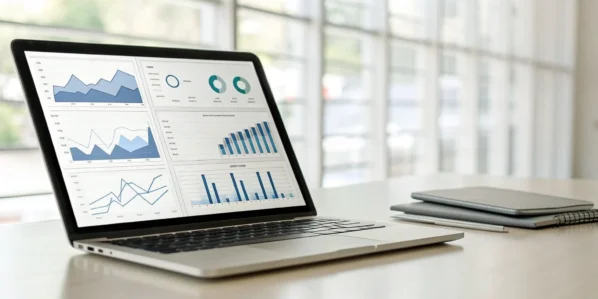 Laptop screen showing the dashboard of the best inventory management software with charts and analytics.