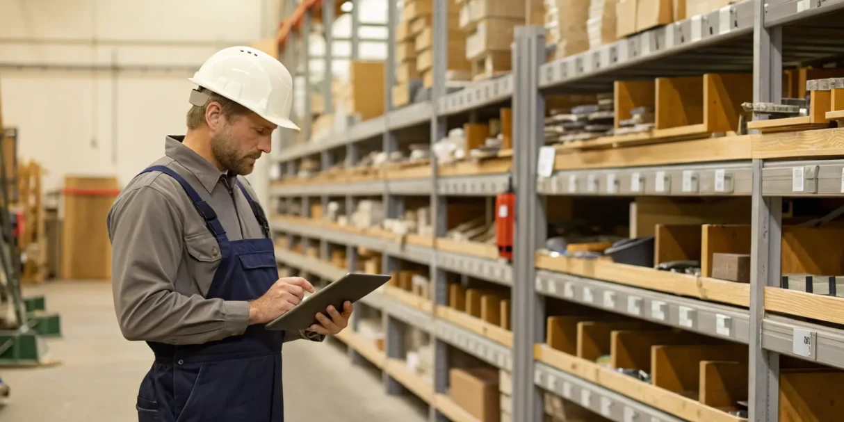 Manager using inventory management software on a tablet to track stock across multiple locations.