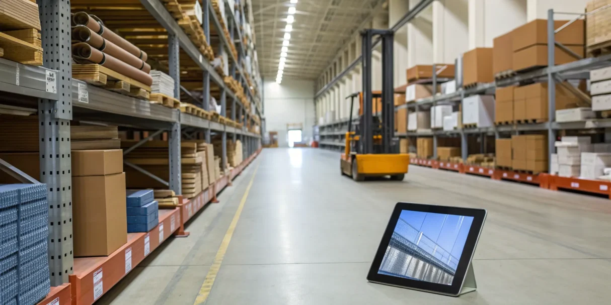 Warehouse inventory management software on a tablet used to track stock next to a forklift.