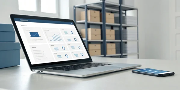 Laptop and smartphone displaying an inventory management software app dashboard with analytics.