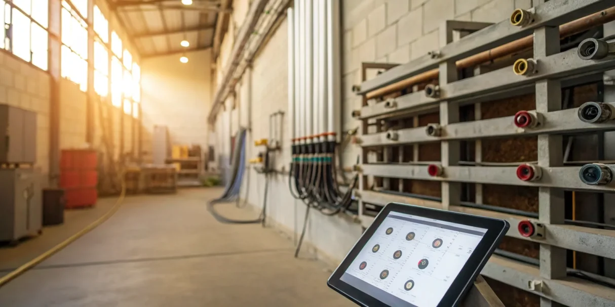 Tablet displaying raw material inventory management software in a modern industrial warehouse.