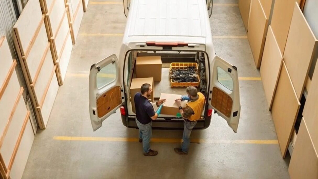 Workers loading a van in a warehouse