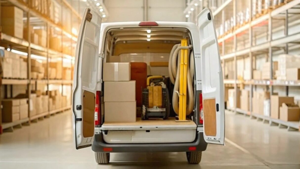 An open HVAC van in the opening to a warehouse