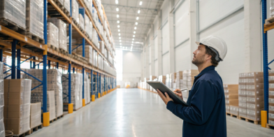 A person using warehouse management software on a tablet to check inventory.