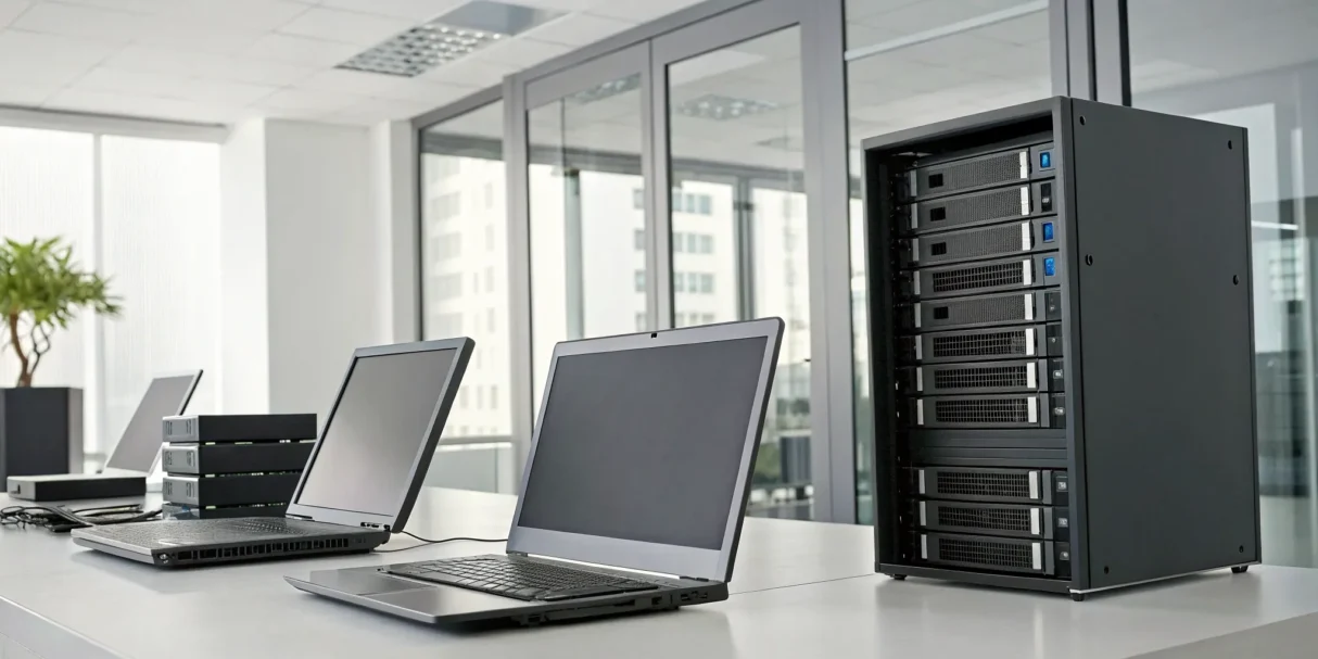 Laptops and a server on a desk running purchasing and inventory management software.