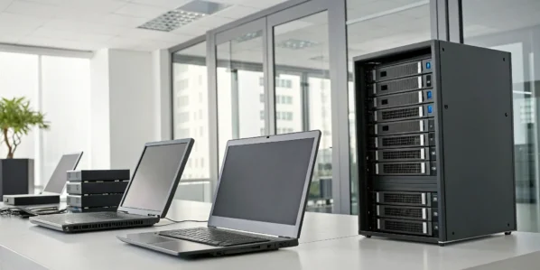 Laptops and a server on a desk running purchasing and inventory management software.