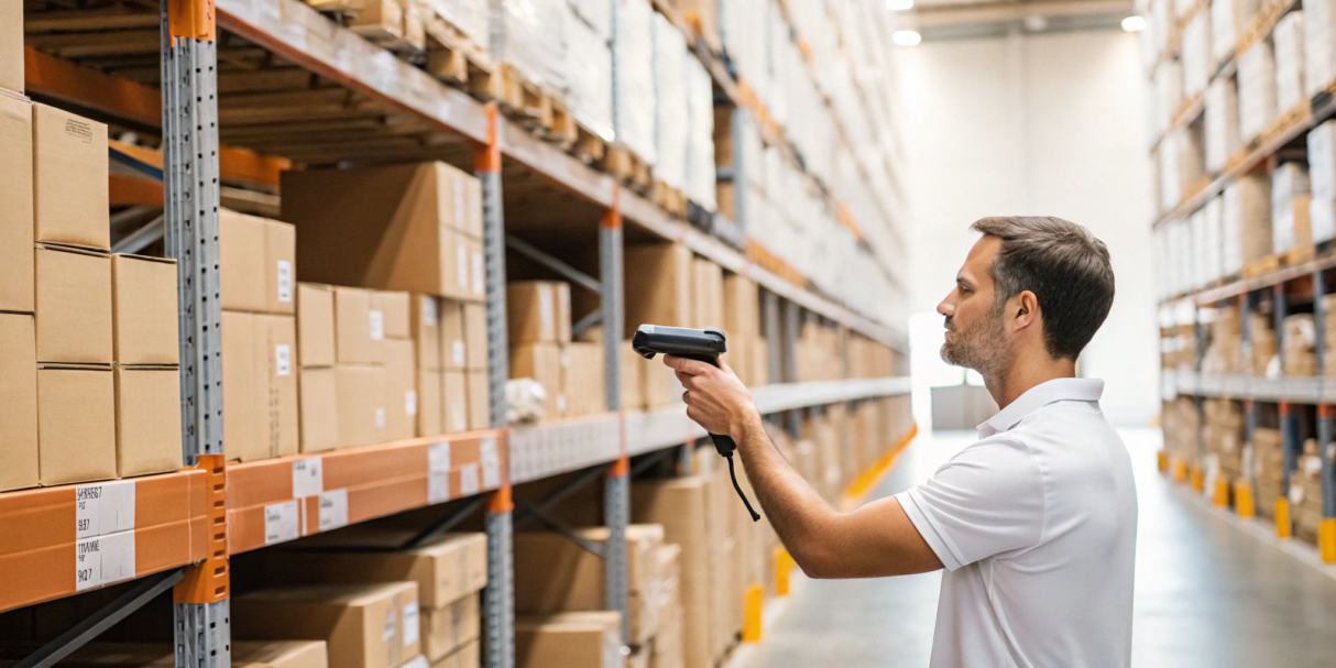 Worker in a warehouse using a barcode scanner with inventory management software.