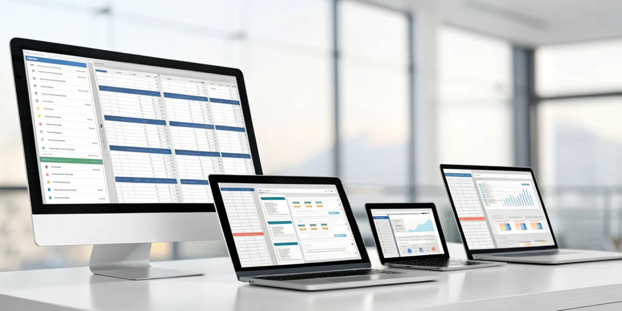 Basic inventory management software dashboards with analytics displayed on multiple computer screens.