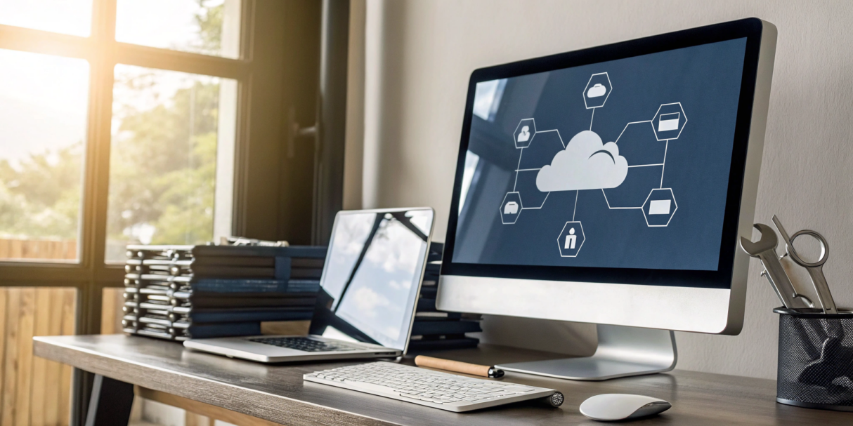 Cloud inventory software on desktop and laptop for real-time tracking and automation.