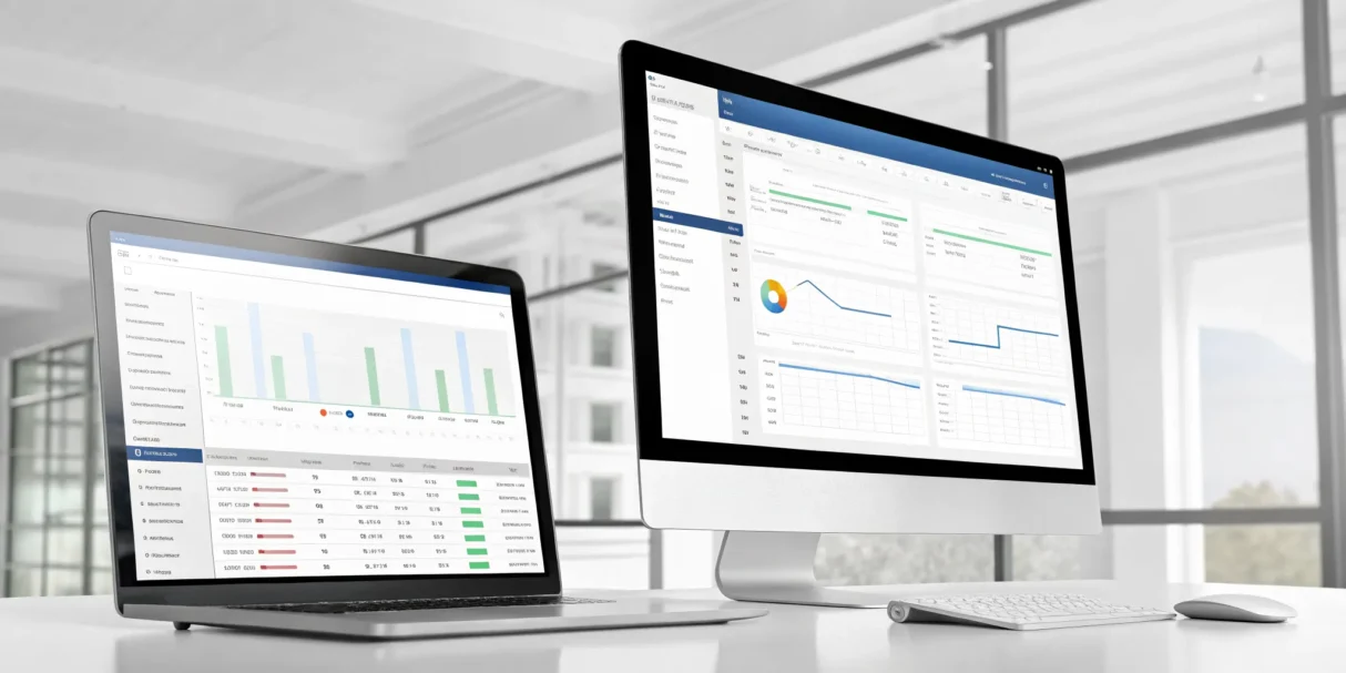 Dashboards for accounting and inventory management software on dual monitors.