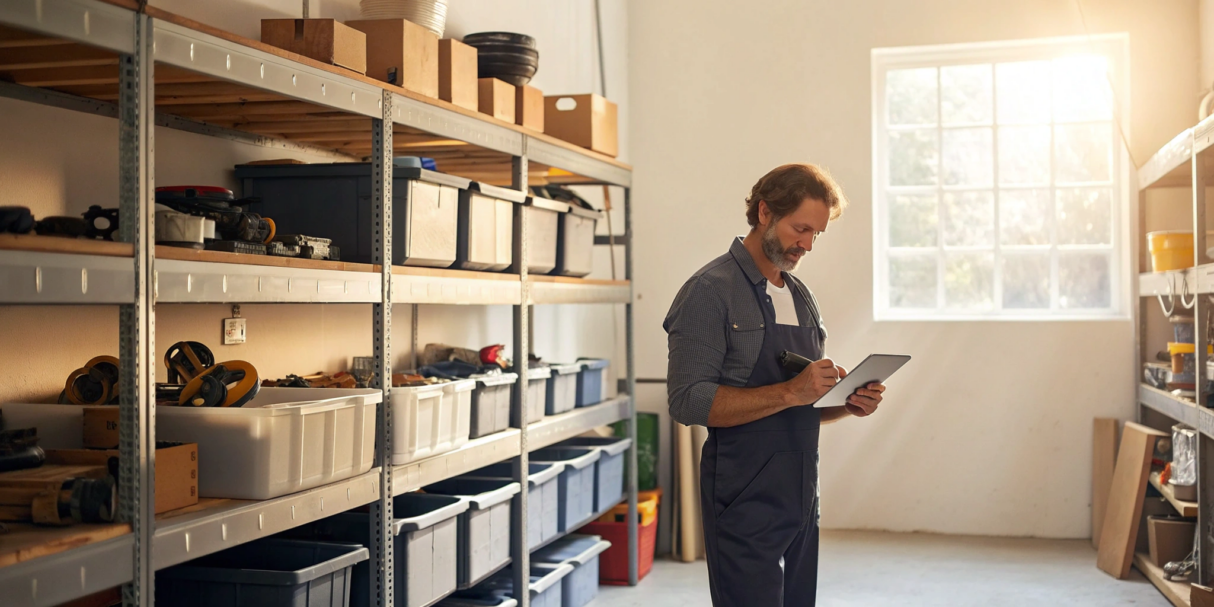 Small business owner manages inventory with free software on a tablet in a stockroom.