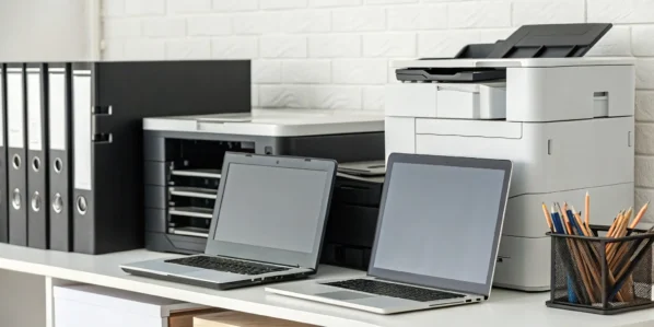 Office supplies on a desk with a laptop open to inventory management software.