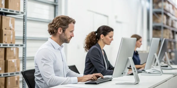 Contractors comparing inventory management software on a computer in a warehouse.