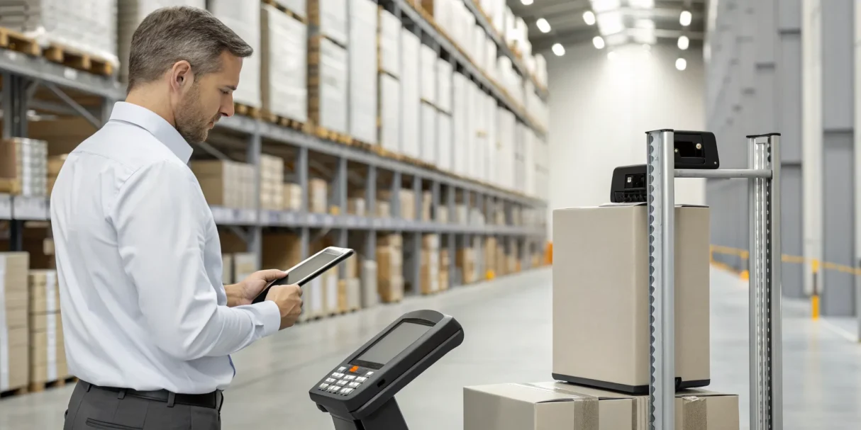 Man using RFID inventory management software on a tablet to scan boxes in a warehouse.
