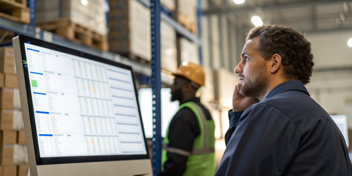 Warehouse worker using Sage inventory management software for real-time stock tracking.