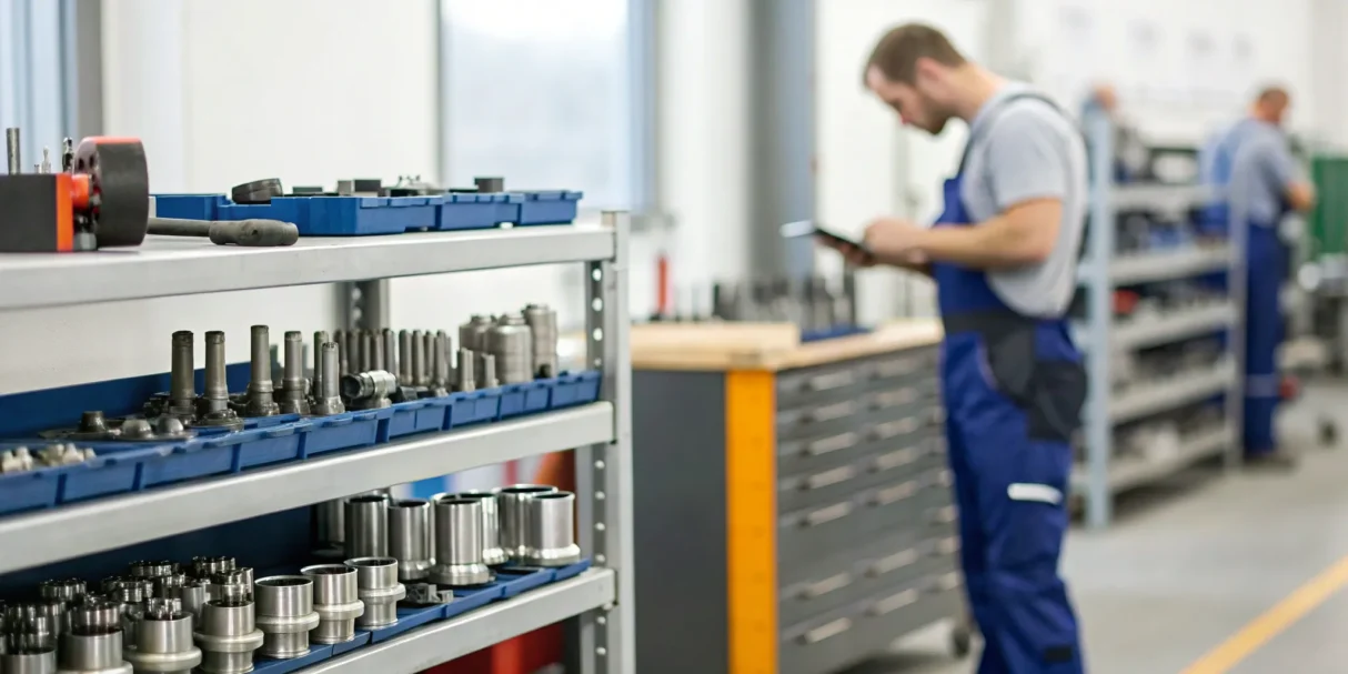 Worker using spares inventory management software to track parts in an organized warehouse.