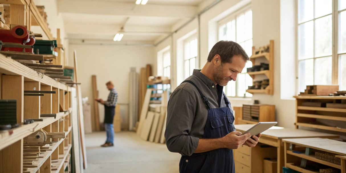 A man in a workshop uses a tablet with asset and inventory management software to track tools.