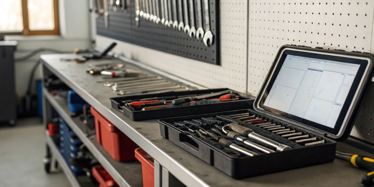 Inventory order management software on a tablet helps organize a workshop's tools and parts.