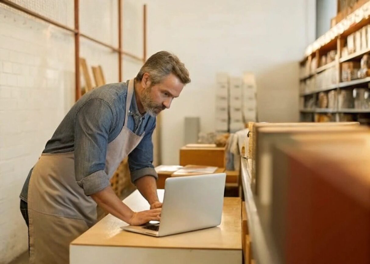 A store manager checking their inventory on their laptop