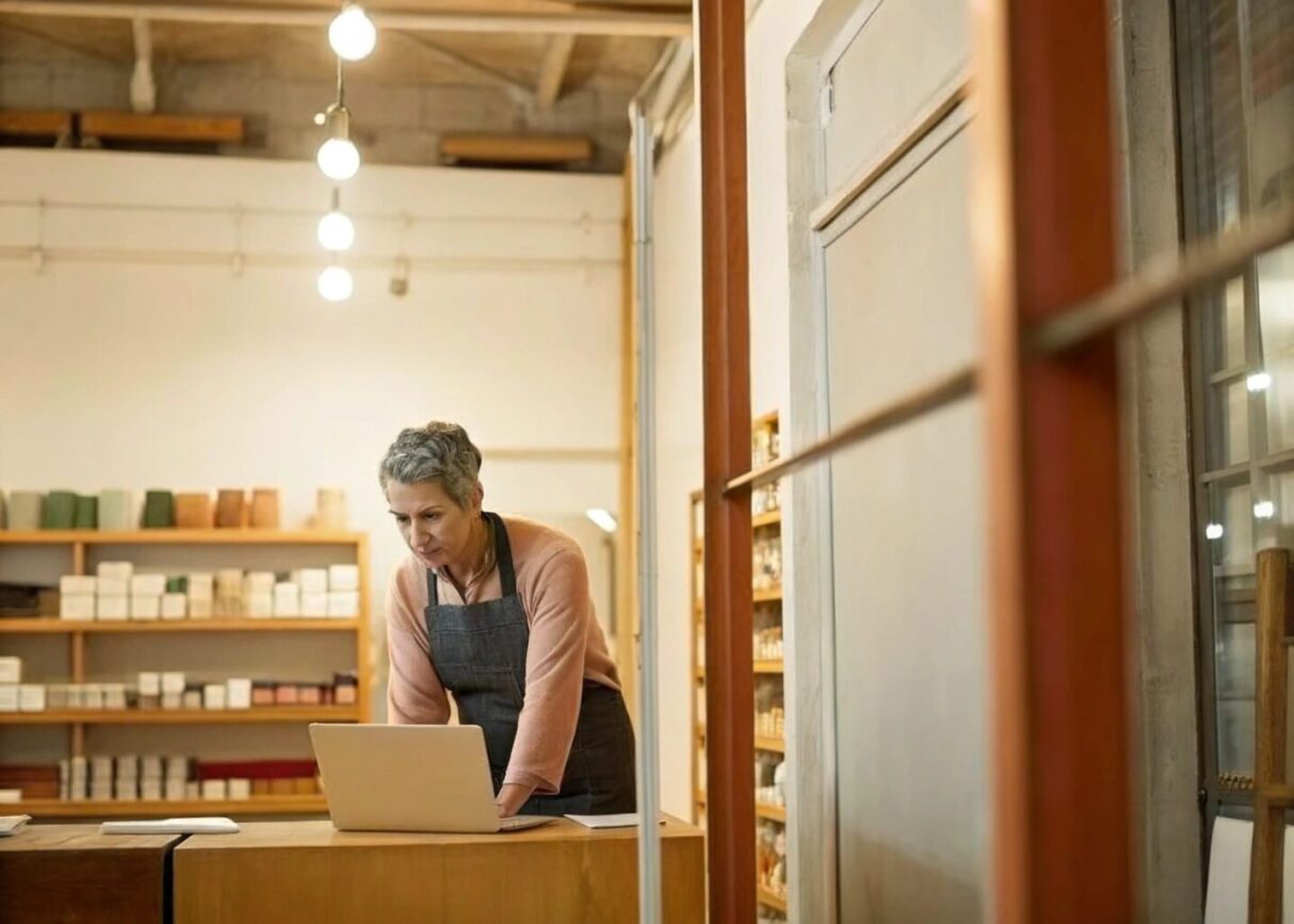 Shop owner in a small store looking a laptop