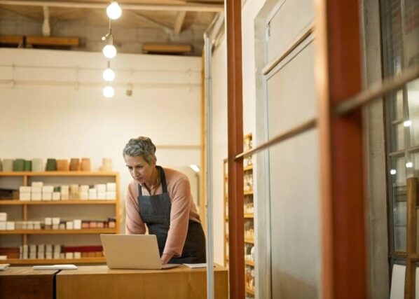 Shop owner in a small store looking a laptop