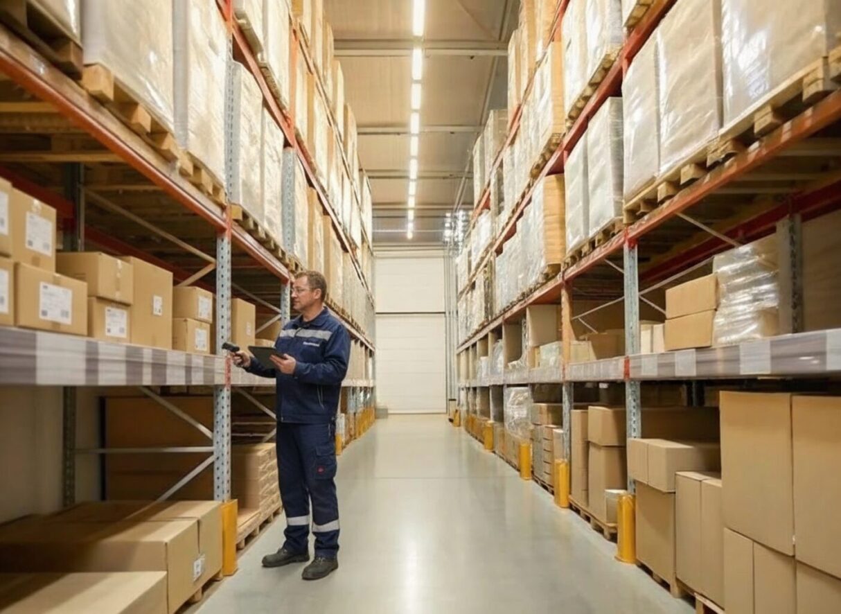 A worker inspecting inventory in a warehouse