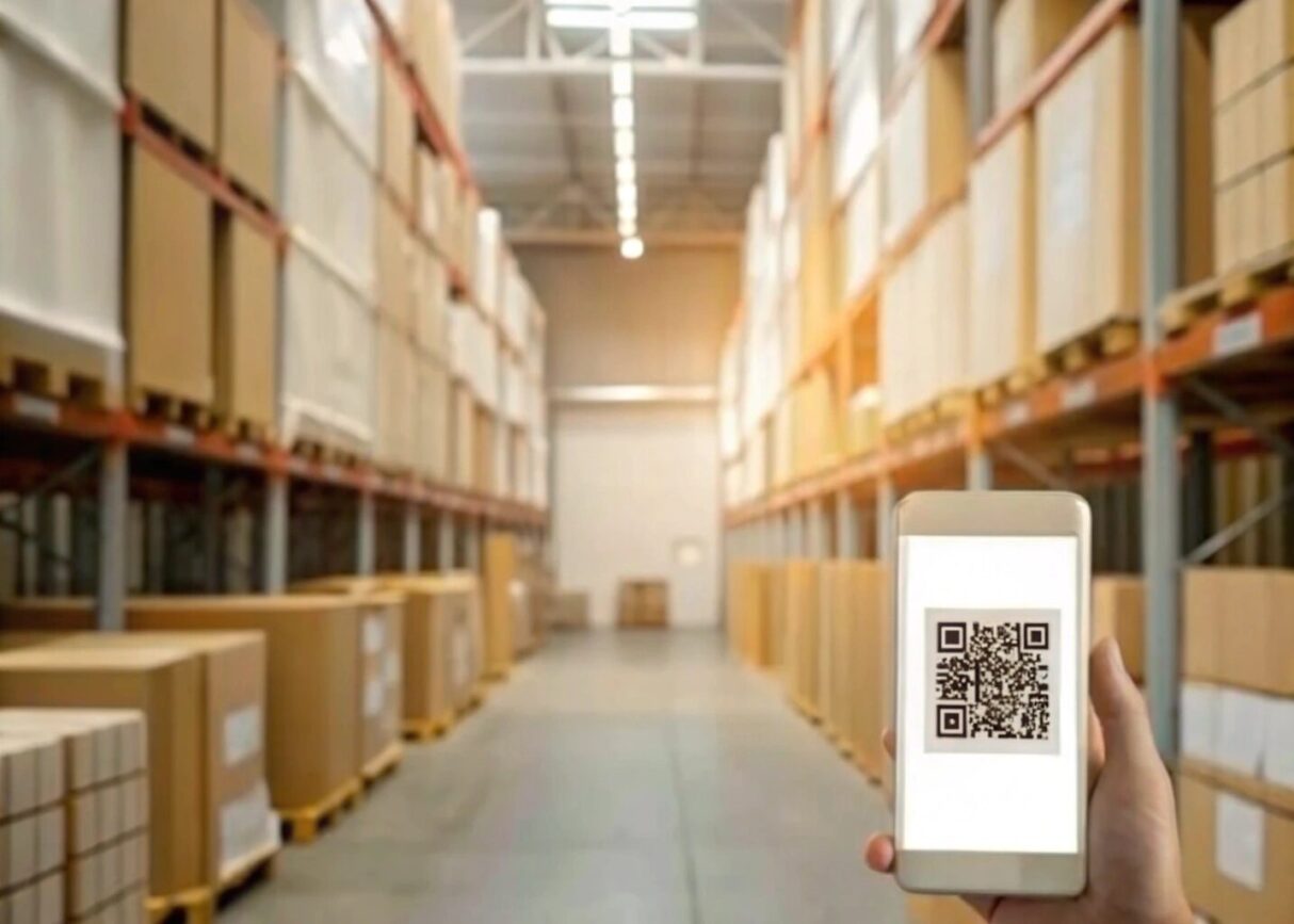QR code on a phone in a warehouse