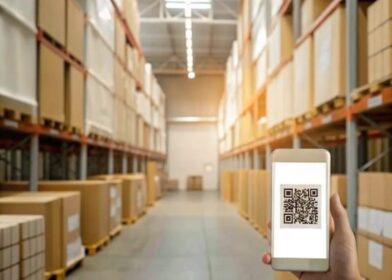 QR code on a phone in a warehouse