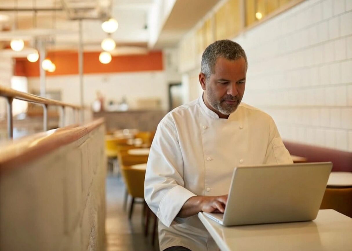 chef in a restaurant looking at laptop