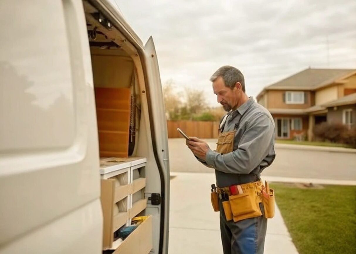 An electrician is searching through supplies in his van.