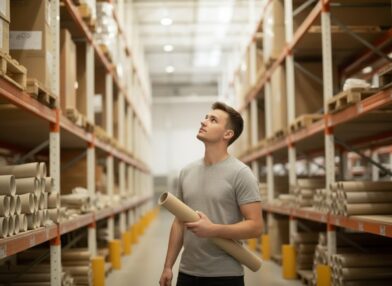 A plumber looking through supplies in his company warehouse