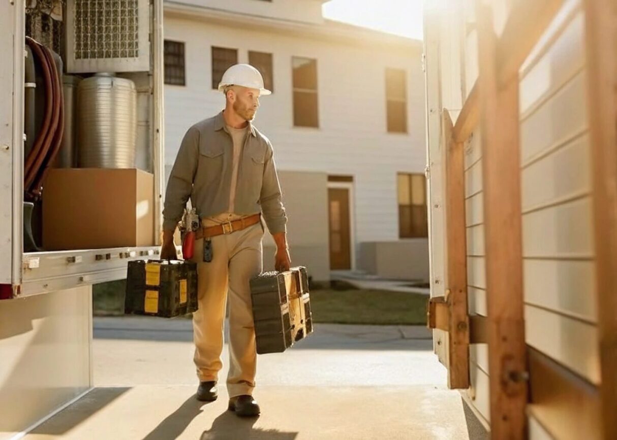 Australian worker carries supplies to the job